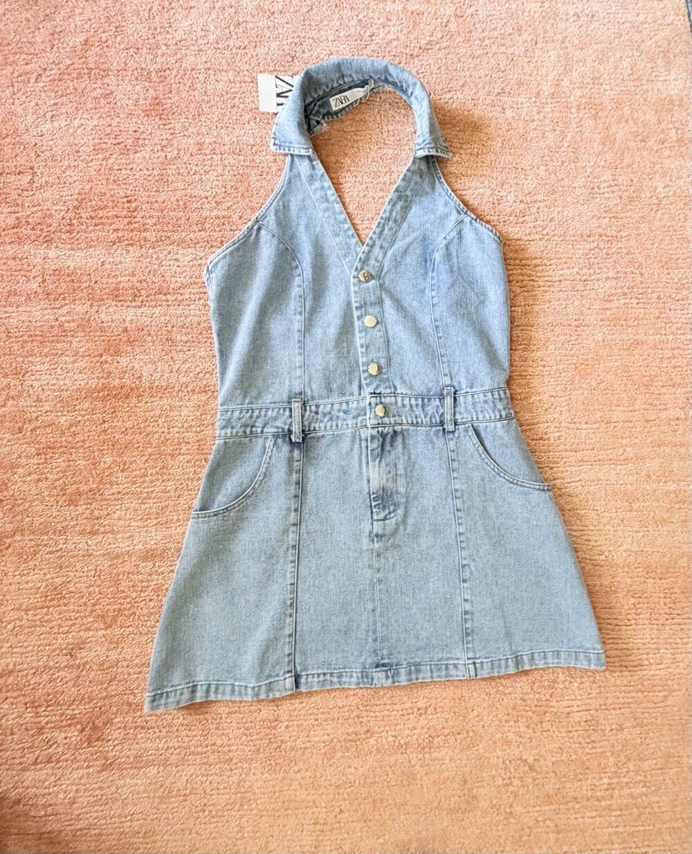 Zara Denim Halter Mini Dress Light Wash Sleeveless Button Front Size M NWT